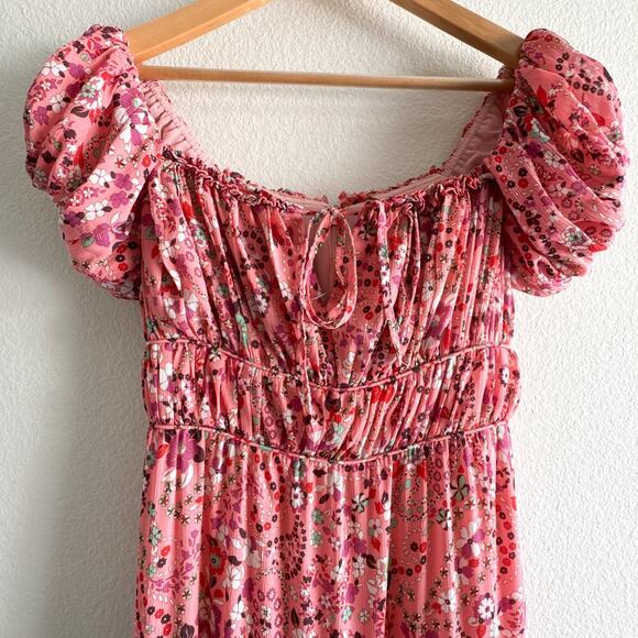 Mango Ruched off shoulder Floral Pink Boho Dress Slit Size 4 - Picture 5 of 11